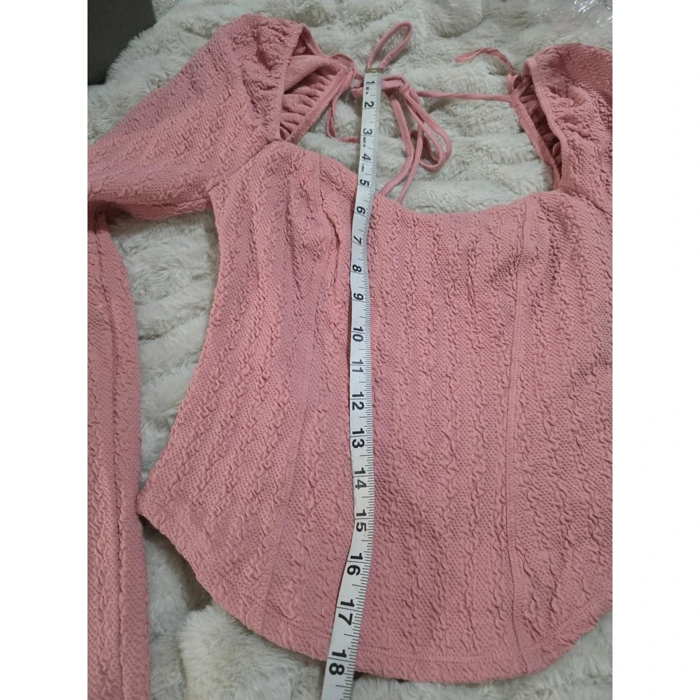Free People Pink Textured Long Sleeve Corset Tie Back Top XS OB1192818
